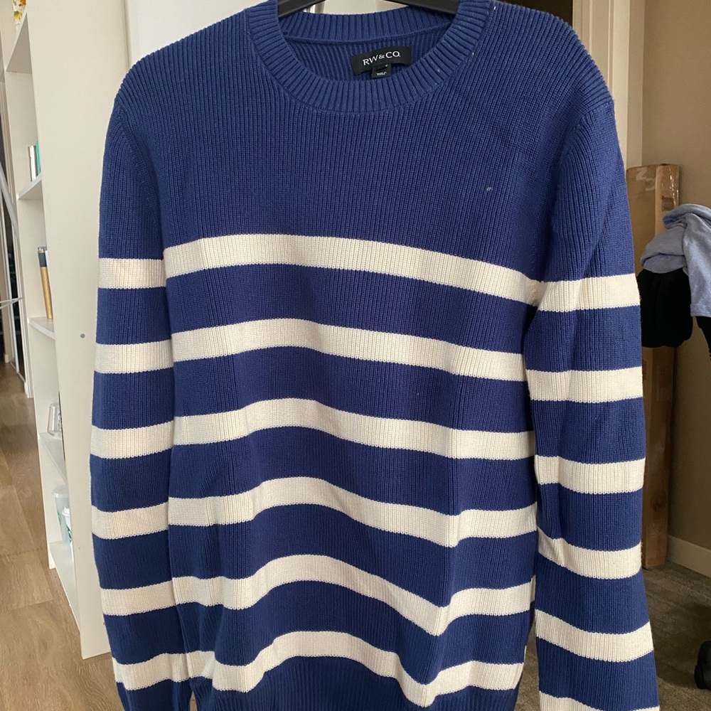 RW&CO. Blue and White Crewneck Sweater with Nautical Stripes